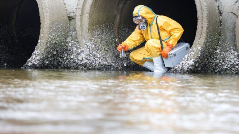 Stormwater sampling at an urban outfall alongside an illustration of laboratory data review and approval.